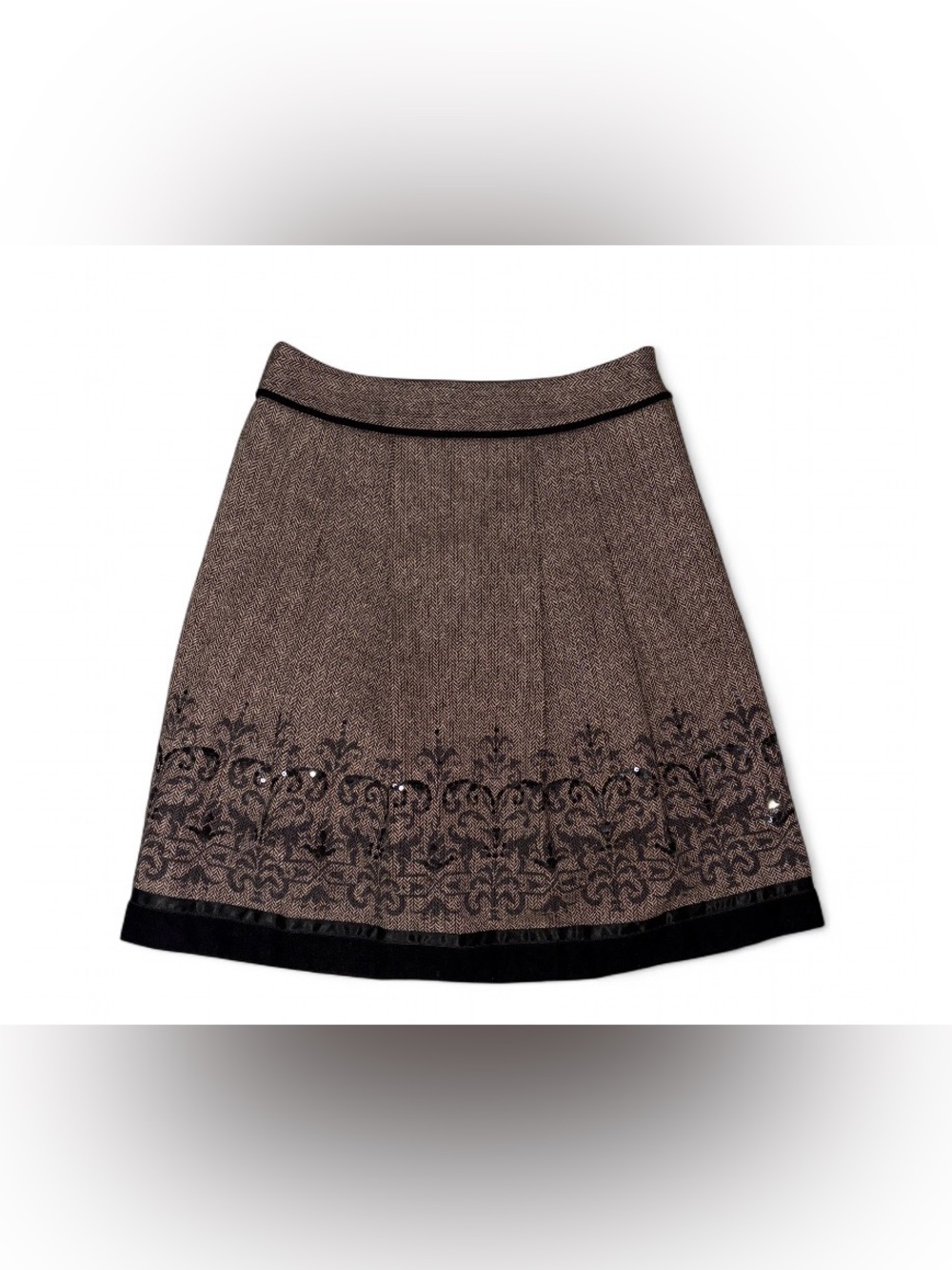 LOFT Brown Herringbone A-Line Skirt with Black Trim